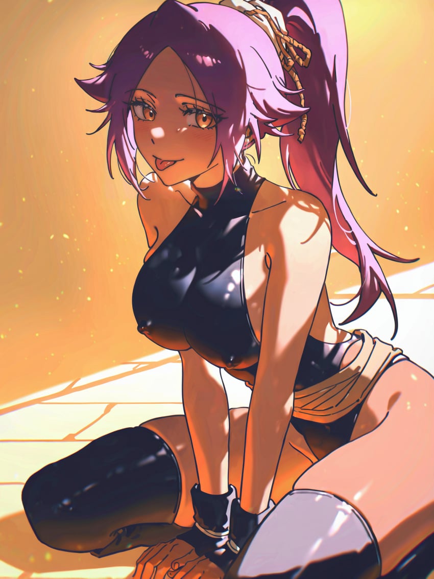 absurd_res ai_generated bare_shoulders bleach boots breasts brown_eyes dark-skinned_female dark_skin female gloves hair_ribbon large_breasts leotard long_hair looking_at_viewer ministro ponytail purple_hair ribbon shihouin_yoruichi sitting solo thighhighs tongue tongue_out visible_nipples