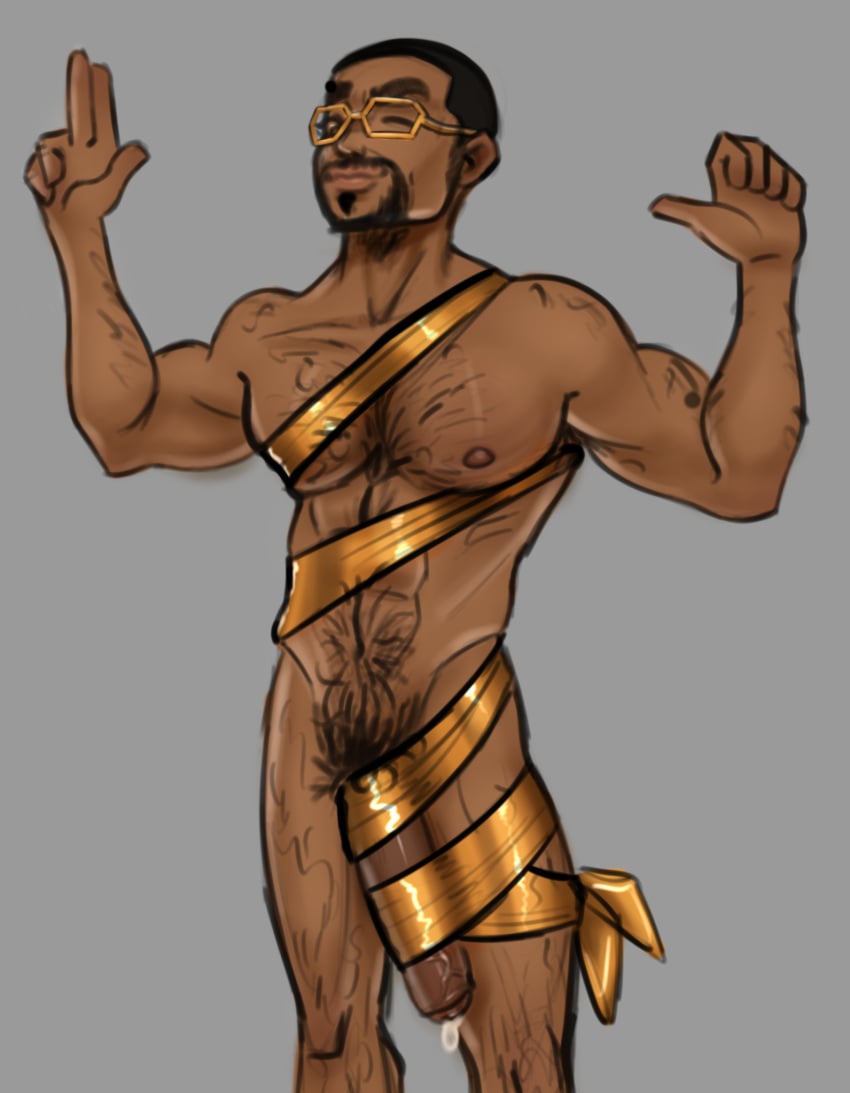 apollo_wolf arm_hair armpit_hair barely_clothed beard big_muscles big_penis big_thighs bulge chest_hair cock cocky cocky_smile dick glasses goatee gold_(metal) hairy hairy_chest hairy_legs human humanoid humanoid_genitalia humanoid_penis leg_hair male male_only monster_high monster_high_g3 penis pubic_hair pubic_hair_peek ribbon soul_patch visible_penis visible_penis_shape