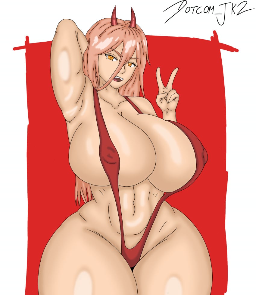 1girls big_ass big_breasts big_hips big_thighs chainsaw_man dotcomjk2_(artist) female_only giant_breasts horns power_(chainsaw_man) smiling_at_viewer thread v_sign yellow_eyes