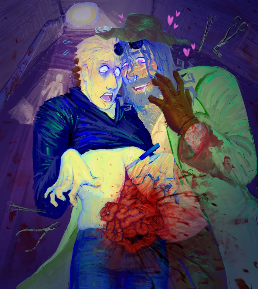 bdsm beard blade blonde_hair blonde_male blood blood_in_mouth blood_splatter bloody_clothes bloody_knife blush chest_hair chubby_male cut cutting dad_bod digital_media_(artwork) doctor_on_patient drawing drooling ero_guro ethan_winters gay_bear gay_domination gore grey_hair guro gut_spill guts hairy_male heart-shaped_pupils heart_eyes hearts_around_head helpless_hero helpless_male hero_defeated hero_dominated imminent_death imminent_sex injured injury intestines karl_heisenberg knife knife_play leather_gloves male_only obsessed obsession old_man old_man_yaoi older_male older_male_younger_male pain resident_evil resident_evil_8:_village scalpel scared_expression screaming septum_piercing sex_dungeon shirt_lift slicing sunglasses_on_head surgeon surgery surgical surgical_instrument surgical_operation toxic_yaoi villain villain_dom villain_on_hero villain_win wound wounded yaoi