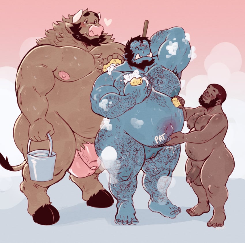 andromorph anthro bathing beard belly black_beard black_facial_hair black_hair blue_body blue_skin blush body_hair bovid bovine brown_body brown_fur brown_skin bucket cattle chest_hair container dark-skinned_male dark_skin facial_hair fur gay genitals group hair hand_on_belly hi_res hooves human human_male humanoid intersex juicestandmango larger_anthro larger_humanoid leg_hair male male/male mammal mango_(juicestandmango) muscular muscular_andromorph muscular_humanoid muscular_intersex navel nipples nude orc overweight overweight_anthro overweight_male pecs penis pink_balls pink_penis pregnant pregnant_andromorph pregnant_intersex pussy size_difference slightly_chubby slug_(juicestandmango) smaller_human standing suds thick_thighs trio