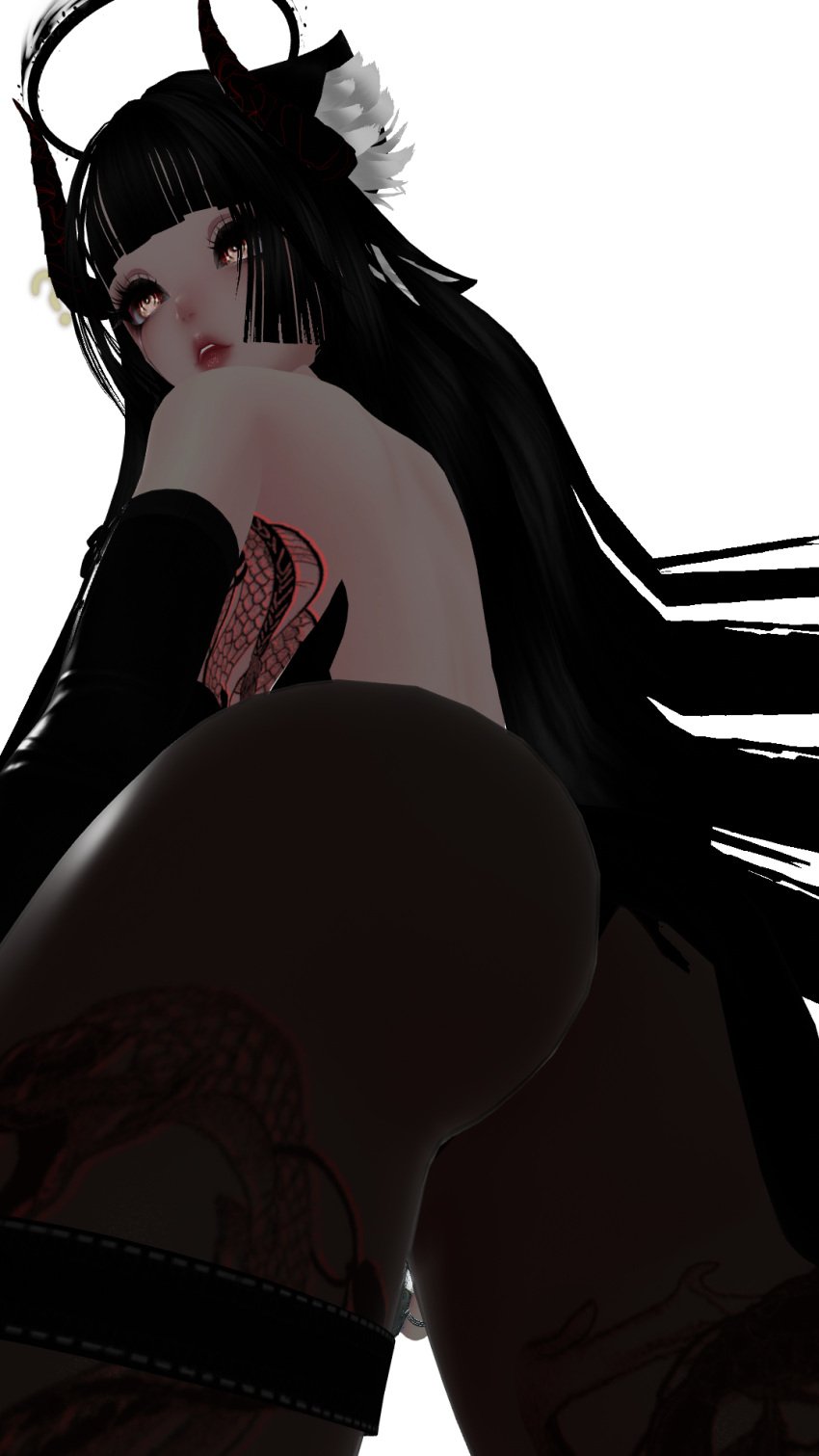 3d 3d_model animal_ears black_hair elbow_gloves halo horn leotard long_hair pantyhose surprised tattoo vrchat