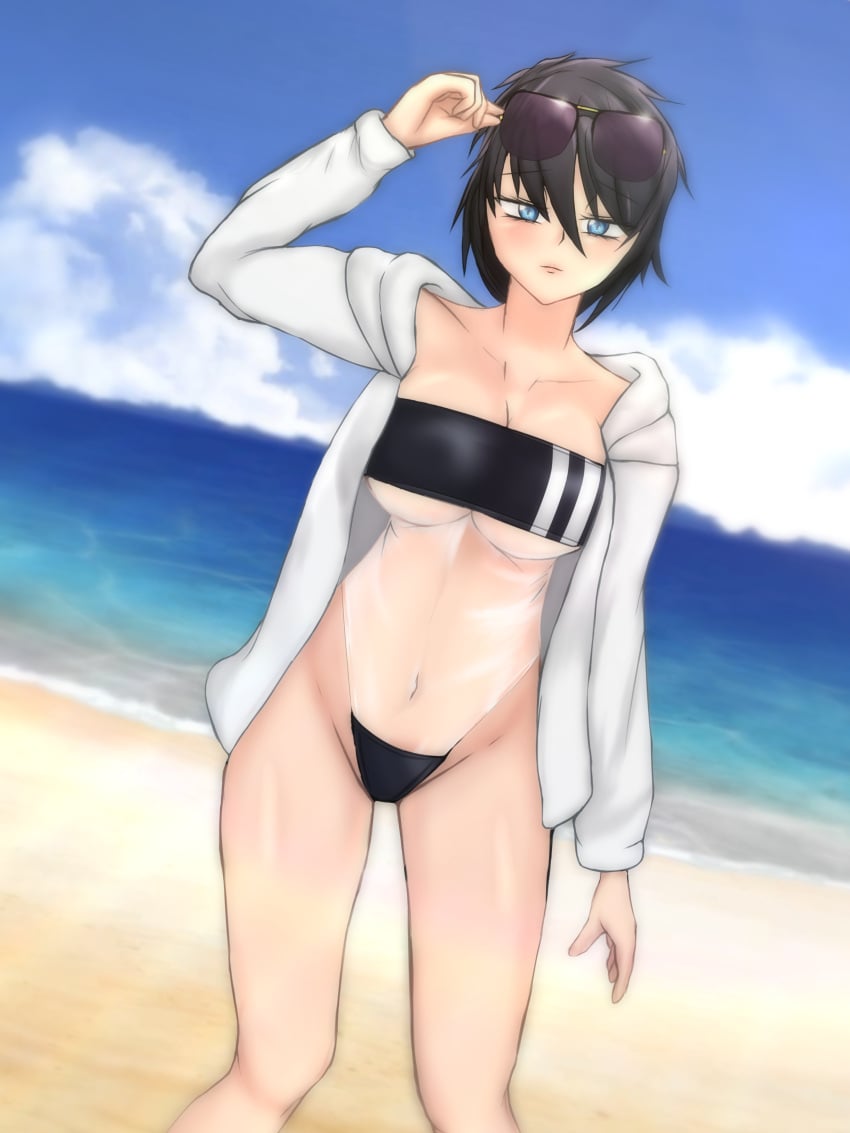 bare_thighs beach black_hair blue_eyes gris_swimsuit huge_breasts original original_character short_hair stickvenezuela summer sunglasses sunglasses_on_head swimsuit thick_thighs wide_hips