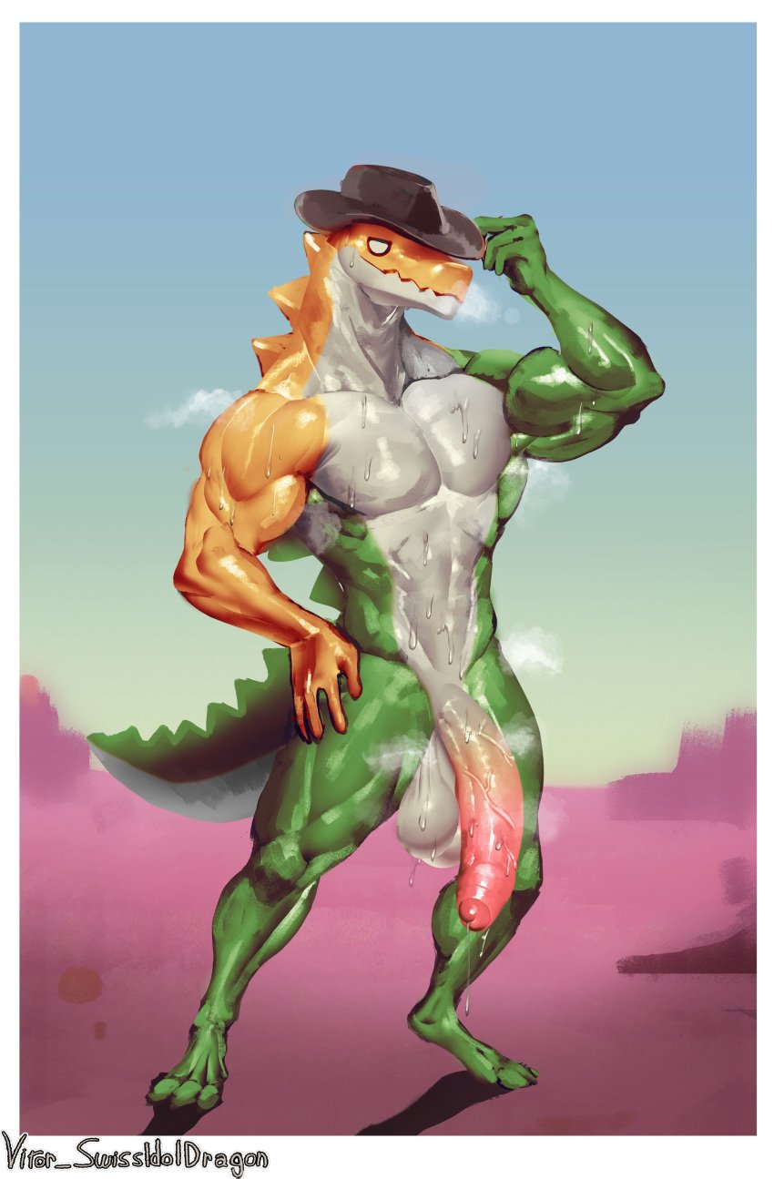 absurd_res alligator alligatorid anthro balls bodily_fluids candy clothing cowboy_hat crocodilian dessert flexing food food_creature foreskin genitals glitch_productions gummigoo_(tadc) gummy_(food) gummy_creature hand_on_hip hat headgear headwear hi_res living_candy long_penis male muscular muscular_anthro muscular_male musk musk_clouds penis reptile scalie simple_background smile smiling_at_viewer smirk smirking_at_viewer solo spikes spikes_(anatomy) sweat sweaty_arms sweaty_balls sweaty_body sweaty_chest sweaty_genitalia sweaty_penis tail the_amazing_digital_circus vitor_swissidoldragon