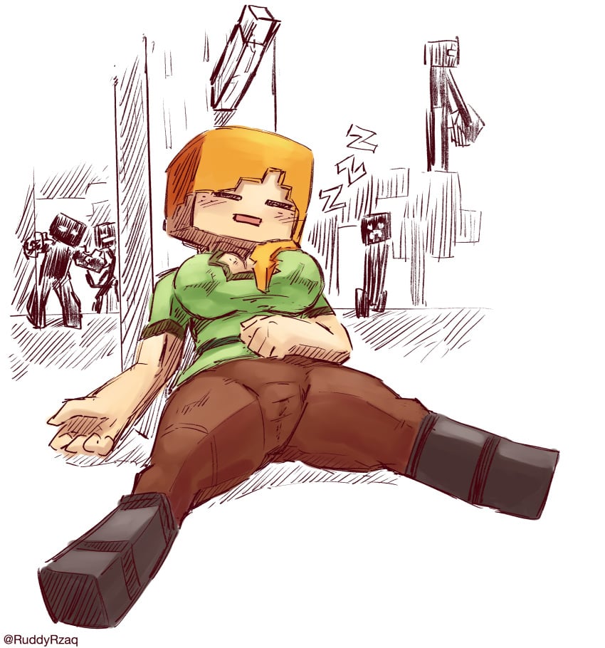 alex_(minecraft) big_breasts creeper_(minecraft) enderman fully_clothed legs_spread minecraft ruddyrzaq sleeping