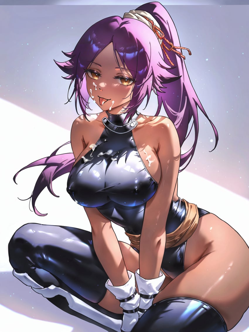 absurd_res ai_generated bleach boots breasts bukkake covered_nipples cum cum_on_body cum_on_breasts cum_on_clothes facial female leotard long_hair ministro pink_hair ponytail purple_hair shihouin_yoruichi sitting solo star_(sky) starry_sky thighhighs tongue tongue_out wariza