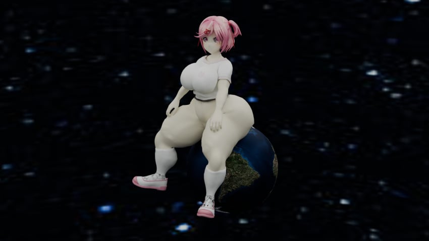 1girls big_ass big_breasts bottomless bubble_butt doki_doki_literature_club earth giantess natsuki_(doki_doki_literature_club) planetary_macro sitting_on_planet thick_thighs