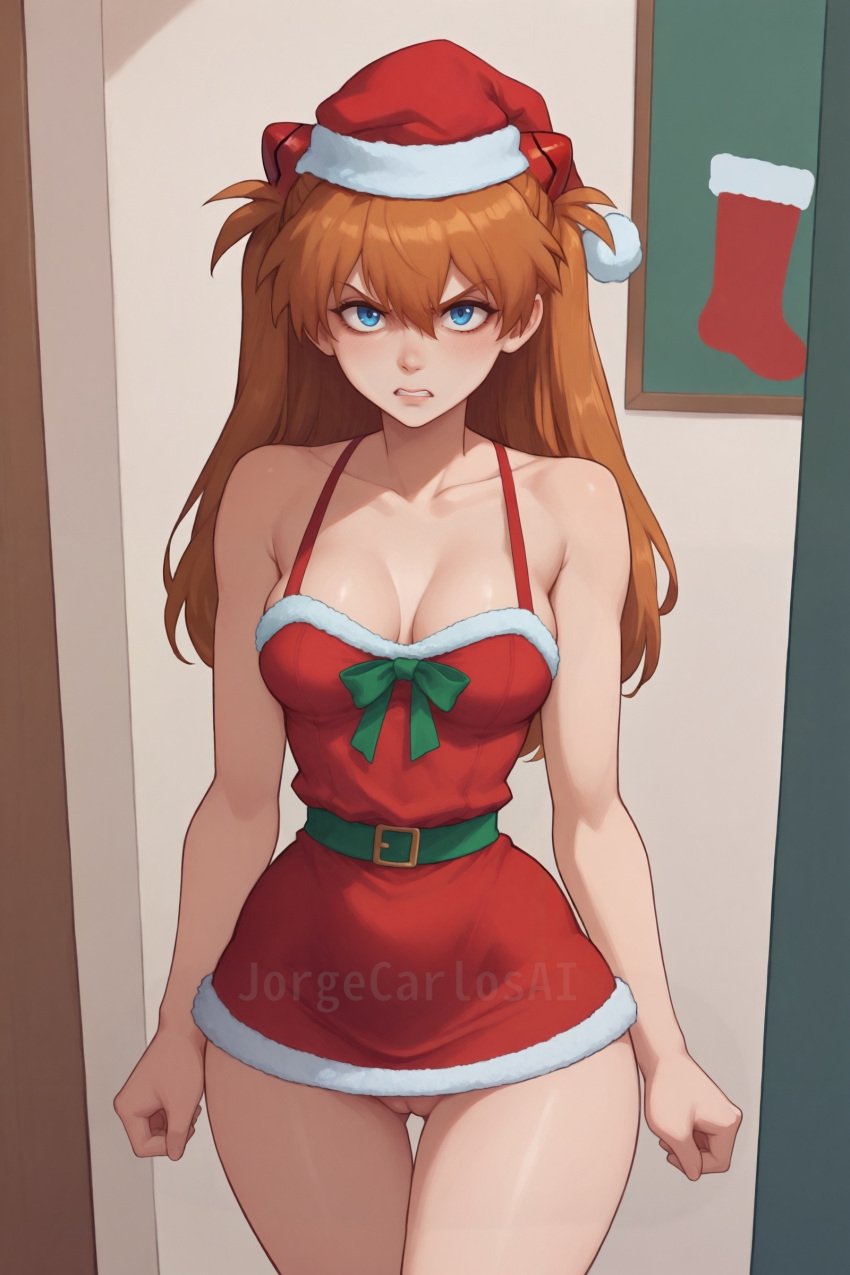 1girls ai_generated angry angry_expression angry_eyes angry_face annoyed annoyed_expression annoyed_face asuka_langley_sohryu big_breasts big_breasts big_breasts blue_eyes breasts breasts breasts christmas christmas_clothing christmas_hat christmas_headwear christmas_outfit cleavage clenched_teeth dress fanart female female female_focus female_only girl green_bow jorgecarlosai long_hair neon_genesis_evangelion orange_hair outfit pussy red_hair redhead_female short_dress standing staring staring_at_viewer vagina watermark