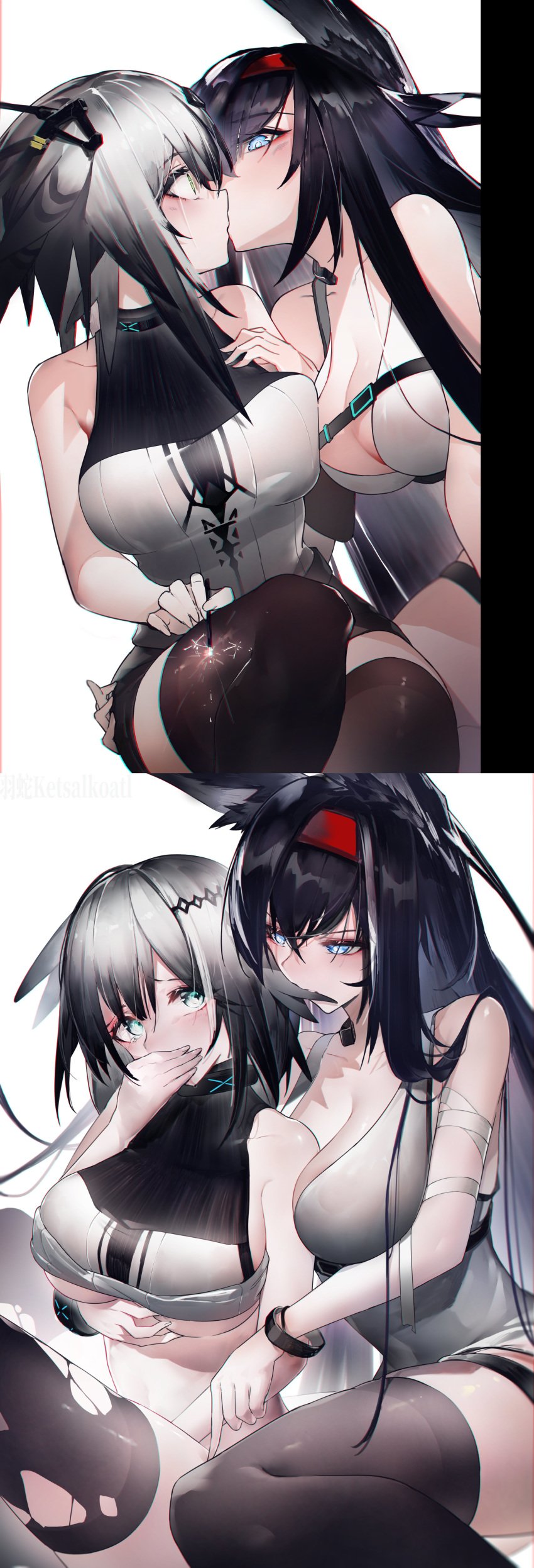 2girls animal_ears arknights blaze_(arknights) blue_eyes breasts feather_hair female female_only femdom grabbing_another's_breast greythroat_(arknights) kissing looking_at_another surprised thighs underboob yuri yushi_quetzalli