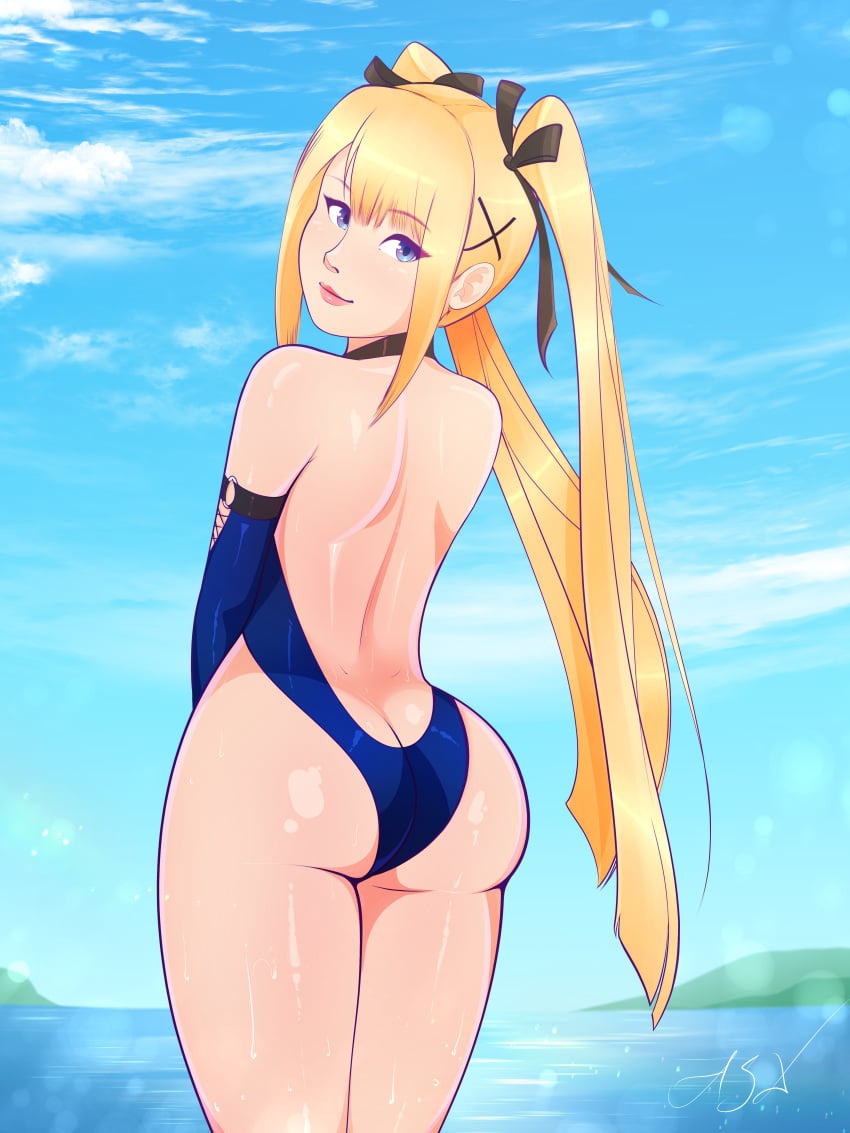 applespicex backless_outfit beach beach_background butt_crack dead_or_alive looking_over_shoulder marie_rose pinup shiny_skin smile swimsuit twintails wet wet_skin