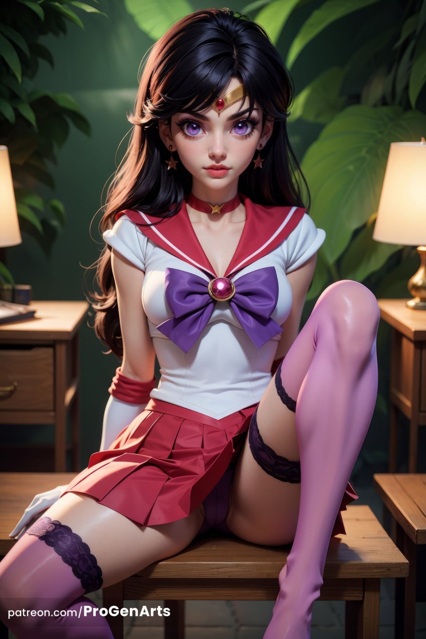 1girls ai_generated artist_name bishoujo_senshi_sailor_moon black_hair bow bowtie breasts brooch cameltoe chair choker circlet closed_mouth collarbone earrings elbow_gloves gloves hi_res hino_rei indoors jewelry knee_up lace-trimmed_legwear lace_trim lamp leotard lips lipstick long_hair looking_at_viewer magical_girl makeup medium_breasts miniskirt panties pantyshot patreon_username pleated_skirt progenarts purple_bow purple_eyes purple_panties purple_thighhighs red_choker red_sailor_collar red_skirt rei_hino sailor_collar sailor_mars sailor_senshi_uniform shirt short_sleeves sitting skirt solo spread_legs star_\(symbol\) star_earrings thighhighs tiara underwear upskirt web_address white_gloves white_shirt