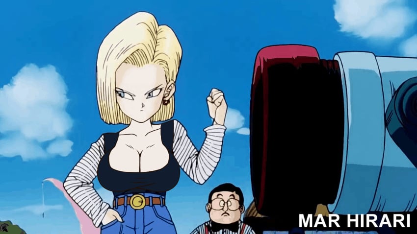 android android_18 animated blonde_female blonde_hair canonical_scene cleavage dragon_ball dragon_ball_z female gif large_breasts mar_hirari