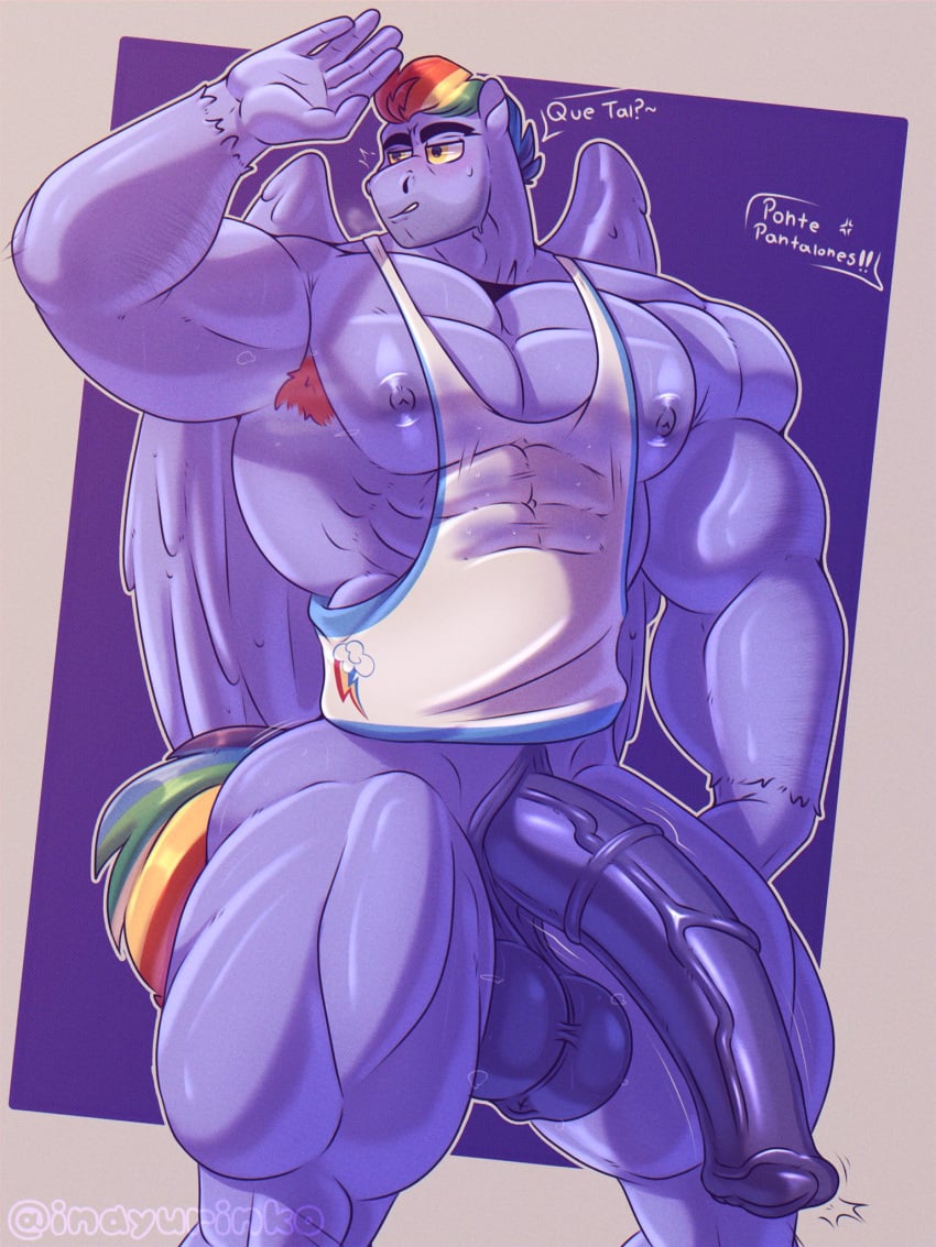 angry anthro anthro_only artist_name bara duo equid equine equine_penis gay hair hi_res highres inayurinko large_penis long_penis masculine multicolored_hair multicolored_tail muscular muscular_male my_little_pony nipples nude nude_male pecs pony question_mark rainbow_dash_(mlp) rainbow_hair rule_63 shadow spanish_text standing tail text thick_penis thick_thighs thighhighs thighs unknown_character vein veiny_penis wings