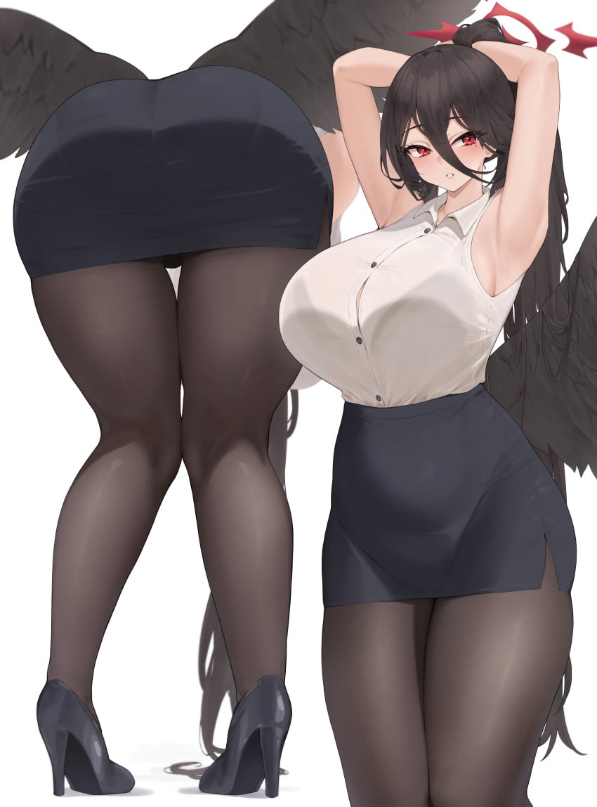 1girls ass black_hair blue_archive breasts dat_ass female hasumi_(blue_archive) hi huge_ass huge_breasts kuavera light-skinned_female light_skin long_hair pantyhose red_eyes thick_thighs wings