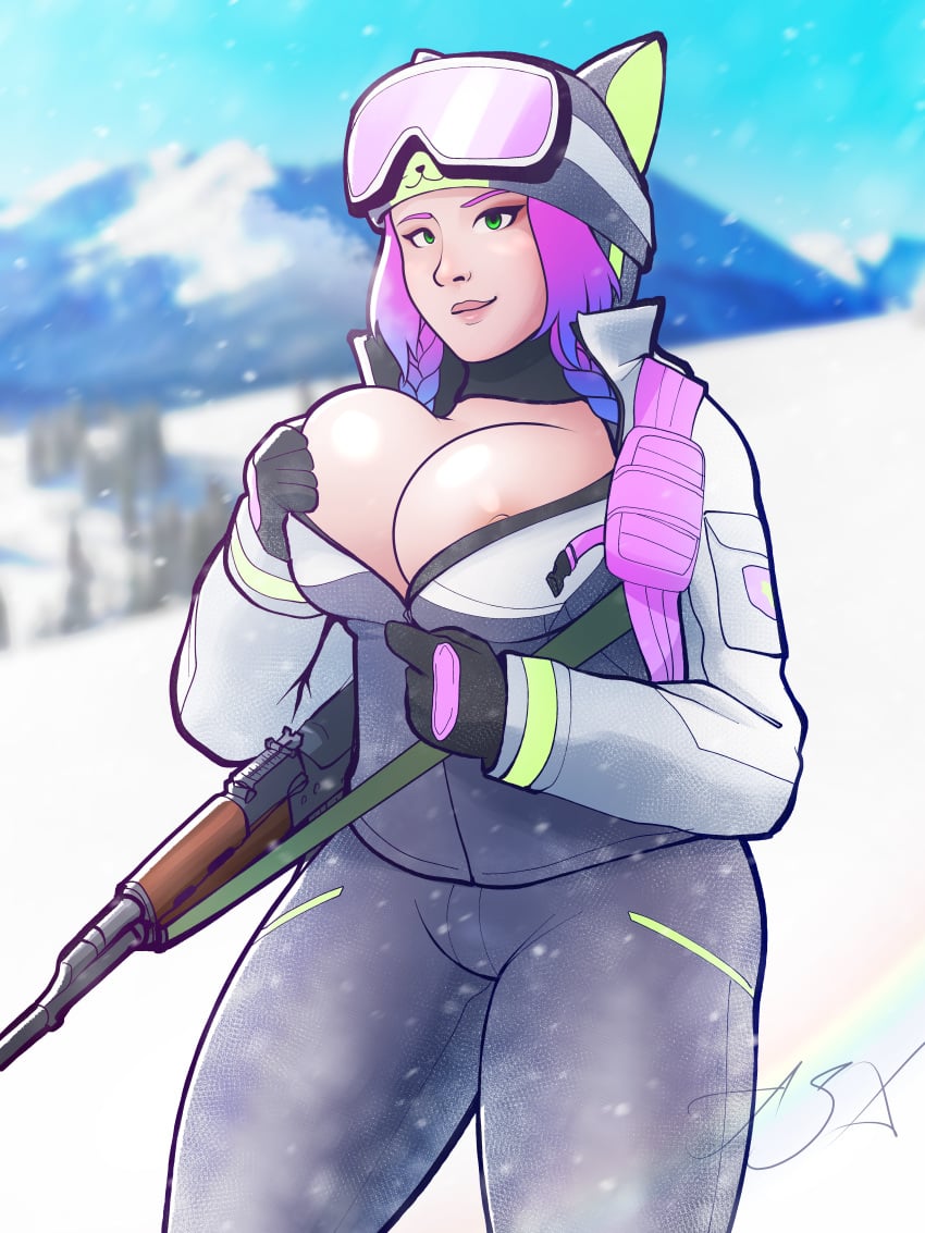 applespicex call_of_duty call_of_duty_black_ops_6 flashing flashing_breasts mostly_clothed snow snowboard snowy_background treyarch