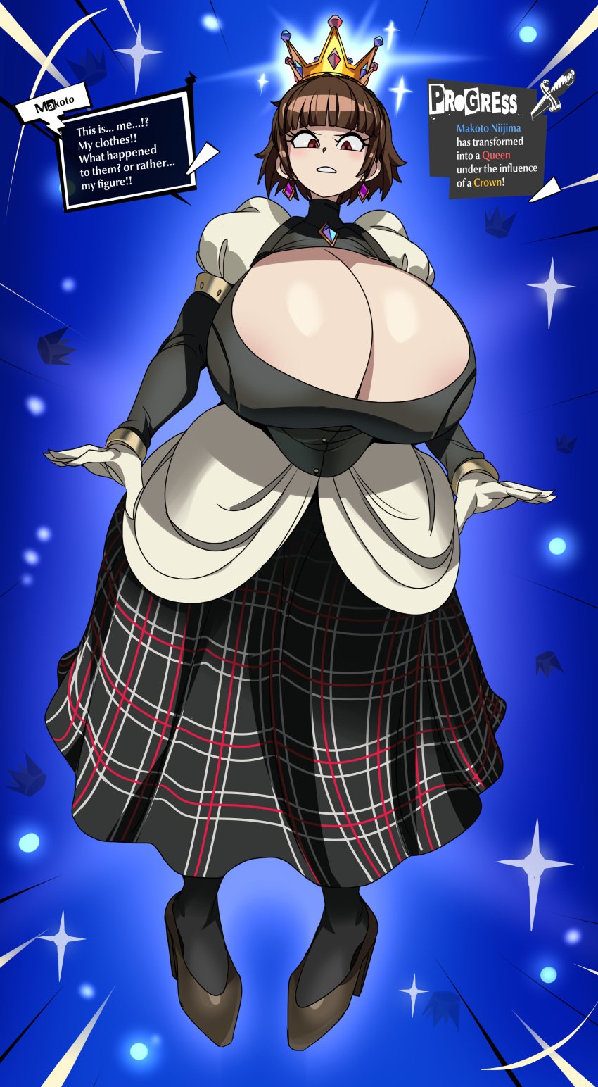 1girls big_breasts breast_expansion breasts brown_hair busty captain_kirb cleavage crown dialogue ear_piercing earrings female female_only huge_breasts large_breasts makoto_niijima massive_breasts no_bra outfit_swap persona persona_5 piercing png queen solo text transformation