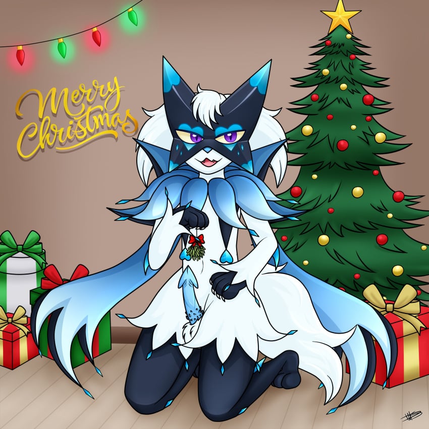 absurd_res anthro balls christmas christmas_decorations christmas_lights christmas_tree dark_moon detailed_background erection fan_character fur generation_9_pokemon genitals gift gift_wrapped glace_(cris79x) hi_res holidays looking_at_viewer male male_only meowscarada mistletoe nintendo penile_spines penis plant pokemon pokemon_(species) smile solo tail tree