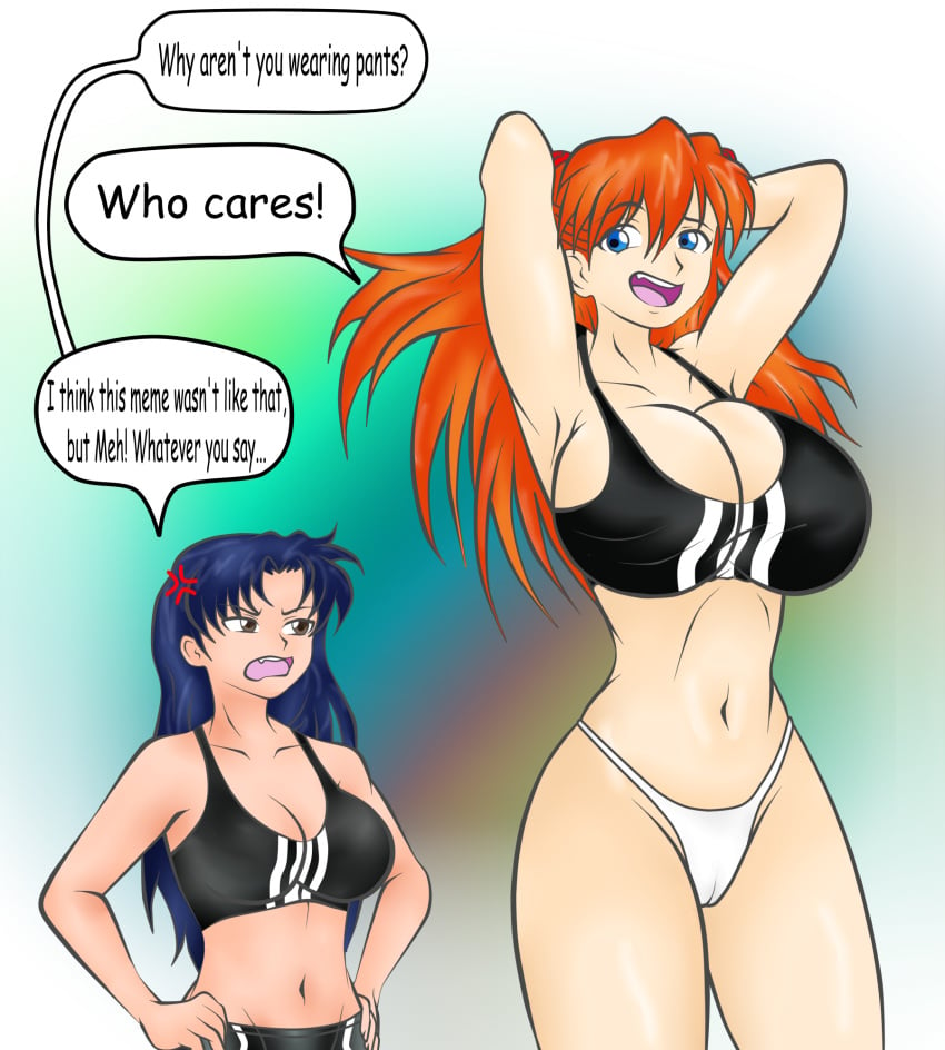 2girls asian asian_female asuka_langley_sohryu big_breasts blue_hair breasts clothed clothed_female female female_focus female_only german german_female giantess height_difference light-skinned_female light_skin mini_giantess misato_katsuragi multiple_females multiple_girls nana345 neon_genesis_evangelion red_hair red_head size_difference underwear white_underwear