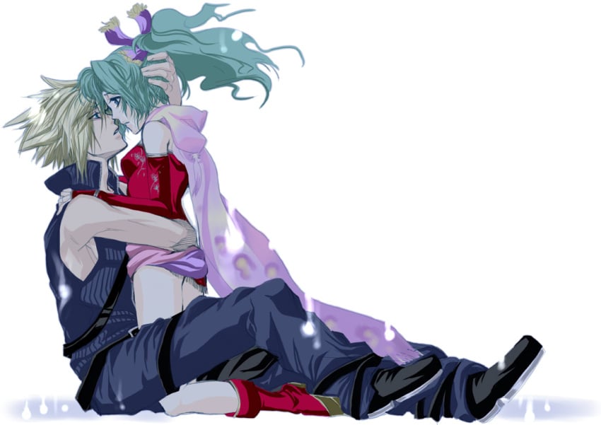 1boy 1girls almost_kissing arm_around_waist between_legs blonde_hair blonde_hair_male blue_eyes cloud_strife crossover dissidia dissidia_final_fantasy face-to-face female final_fantasy final_fantasy_vi final_fantasy_vii green_hair hand_on_head hugging male male/female on_knees sleeveless straight terra_branford