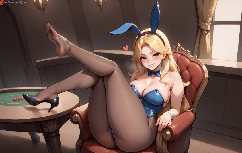 ai_generated bigzbig black_legwear blonde_female blonde_hair blonde_hair_female blue_eyes bunny_ears bunnysuit camel_toe cameltoe casino casino_table color colored ear_piercing earrings feet feet_up heart high_heels huge_breasts indoors large_ass large_breasts league_of_legends legwear leotard looking_at_viewer luxanna_crownguard pantyhose patreon_username riot_games sitting smiling soles teeth toes toes_visible_through_clothing uncensored watermark window yellow_hair