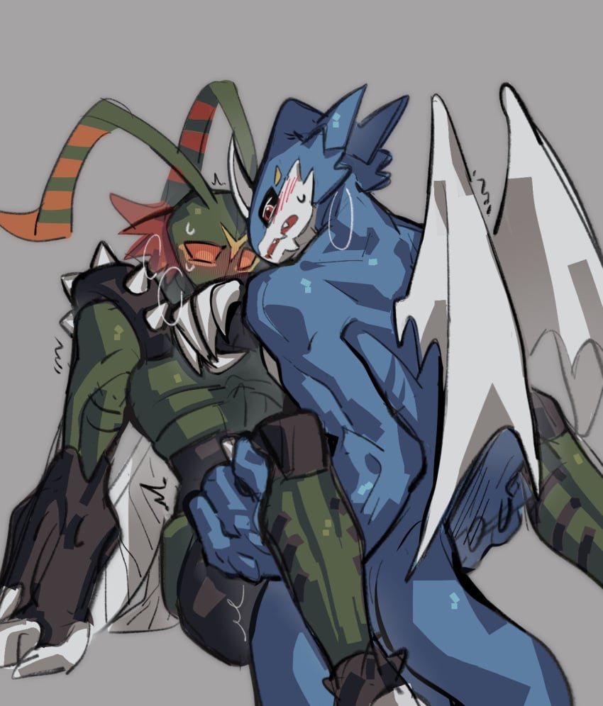 2024 3_fingers 5_fingers abs anal anal_sex antennae_(anatomy) anthro armor arthropod bandai_namco bed biped blue_body blush bodily_fluids breath chinese_description claw_fingers claws clothing colored compound_eyes confeito000_333 covering covering_mouth digimon digimon_(species) digital_drawing_(artwork) digital_media_(artwork) dragon duo embarrassed exoskeleton exoskeleton_markings exveemon fingers from_front_position furniture gauntlets gloves grabbing_both_legs green_body green_skin hair hand_on_leg hands_on_legs handwear head_markings hi_res horn implied_fucking insect_wings insects leg_grab lifted_by_legs looking_down lying male male/male male_penetrated male_penetrating male_penetrating_male markings membrane_(anatomy) membranous_wings muscular muscular_anthro muscular_male mythological_creature mythological_scalie mythology nude obscured_penetration obscured_sex on_back on_bed orange_eyes overweight pecs penetration pinned platform_sex raised_hips red_eyes red_hair scalie sex shaking small_waist spikes spikes_(anatomy) standing standing_sex stingmon sweat sweatdrop table tail trembling wings