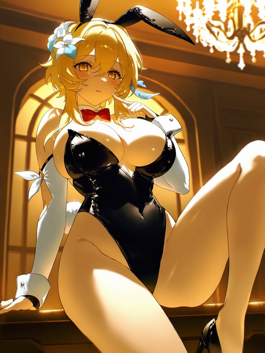 absurd_res ai_generated animal_ears bare_legs bare_shoulders black_footwear black_leotard blonde_hair bow bowtie breasts cleavage detached_collar fake_animal_ears female flower genshin_impact hair_flower hair_ornament high_heels highleg indoors large_breasts leotard looking_at_viewer lumine_(genshin_impact) ministro pantyhose playboy_bunny rabbit_ears red_bow red_bowtie short_hair sitting solo strapless wrist_cuffs yellow_eyes