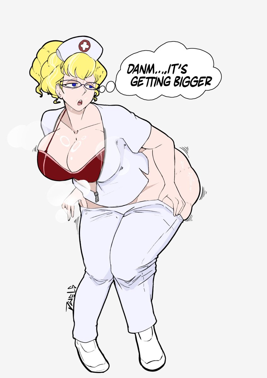 1female 1girls bbw big_ass big_breasts blonde_hair blue_eyes bottom_heavy bubble_butt caked_up cheesecake chubby dat_ass dialogue dumptruck_ass english_text fat_ass glasses huge_ass huge_breasts jwels light-skinned_female light_skin lingerie nurse nurse_cap nurse_uniform open_mouth pawg plump ponytail pulling_down_pants red_bra simple_background steam steaming_body sweat sweatdrop sweating text thick_thighs undressing unzipped venus_body voluptuous voluptuous_female wide_hips wobbling_ass