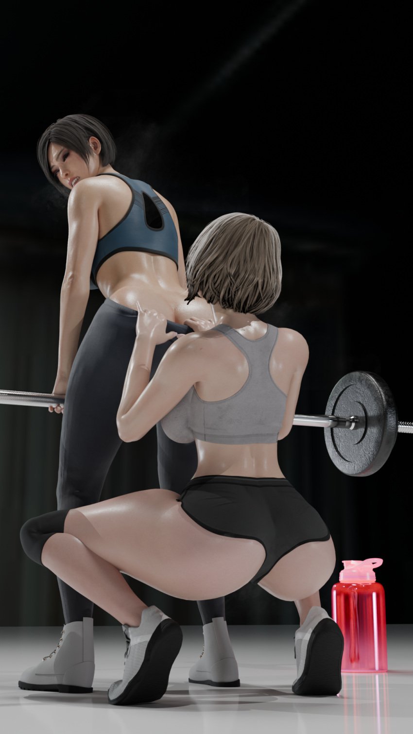 2girls 3d ada_wong ashley_graham ass barbell big_ass black_hair black_shorts blonde_hair leggings resident_evil short_hair shorts sports_bra sportswear trijolo3d