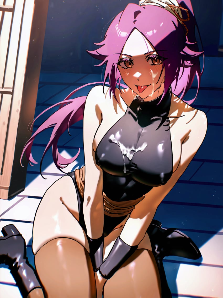 absurd_res ai_generated bleach boots breasts bukkake covered_nipples cum cum_on_body cum_on_breasts facial female leotard long_hair ministro pink_hair ponytail purple_hair shihouin_yoruichi sitting solo star_(sky) starry_sky thighhighs tongue tongue_out wariza