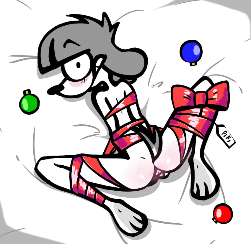 anal anthro arms_tied ass bed blush blush_lines bound canid canine canis christmas christmas_clothing christmas_decorations christmas_gift dog_ears dog_tags dog_tail domestig_dog embarrassed female female_anthro fifi_(somemf) floppy_ears furry furry_ass furry_ears furry_female furry_only furry_tail genitals gift legs_tied legwear looking_at_viewer looking_back mammal narrow_hips no_sound nude paws poodle pussy scared scared_face short_hair slim slim_female snout spread_legs surprised_expression tail thin_ass thin_calves thin_legs toes toony white_background white_body white_fur wide_hips