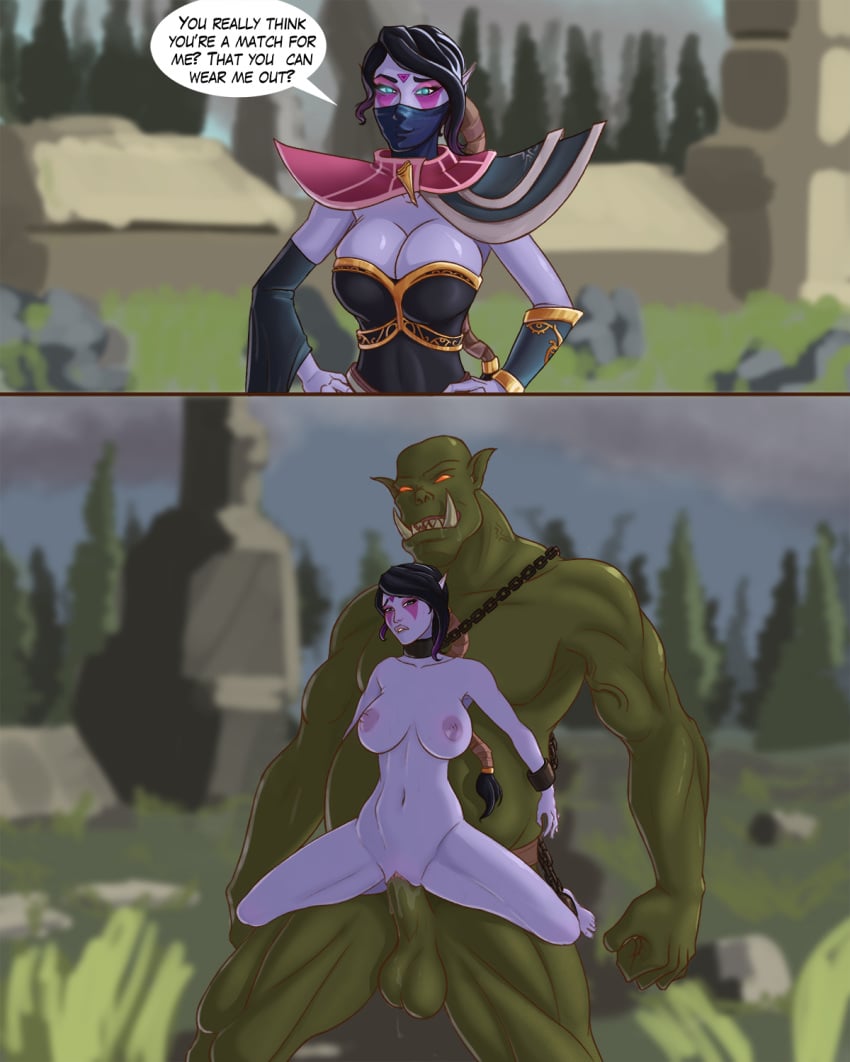 1boy 1girls 2017 alternate_version_available belly_riding big_dom_small_sub biting_lip black_hair breasts chains clothed cocksleeve cocky defeated defiant dota dota_2 drow elf fanny_packing female femsub forced green_skin instant_loss_2koma interspecies kataaoyoc larger_male leashed_to_genitals maledom nipples orc orc_male penis pointy_ears purple_skin pussy rape restrained size_difference slave smaller_female straight tagme templar_assassin text vaginal_penetration valve