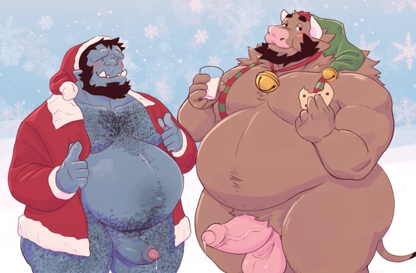 anthro beard bell belly black_beard black_facial_hair black_hair blue_body blue_skin blush bodily_fluids body_hair bottomless bovid bovine brown_body brown_fur cattle chest_hair christmas christmas_clothing christmas_headwear clothed clothing cookie costume duo elf_hat erection facial_hair food fur genital_fluids genitals hair hat headgear headwear hi_res holidays horn humanoid jingle_bell juicestandmango leg_hair male mammal mango_(juicestandmango) milk navel open_clothing orc overweight overweight_anthro overweight_male penis pink_balls pink_penis precum pregnant pregnant_male santa_costume santa_hat slug_(juicestandmango) thick_thighs