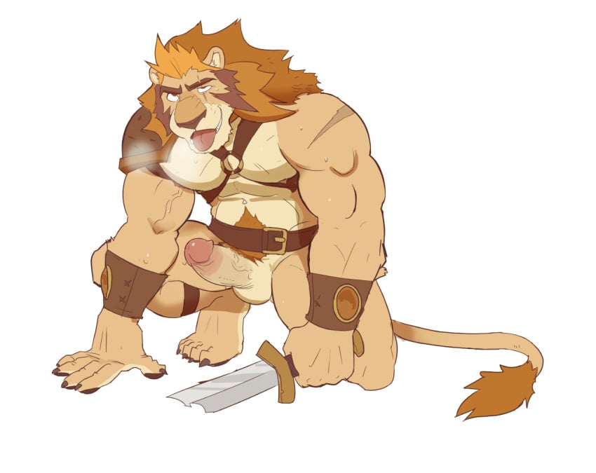 2015 erection feet humanoid_penis lion solo spookeedoo sword tongue_out white_background