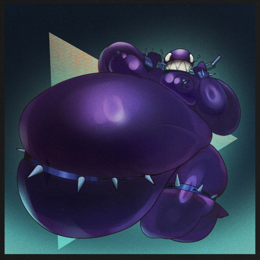 1:1 belly big_belly bite breasts chain_chomp crouching female glistening glistening_body hi_res huge_belly humanoid hyper hyper_belly john_ratman mario_bros nintendo obese overweight pasties solo spikes squish stretching teeth