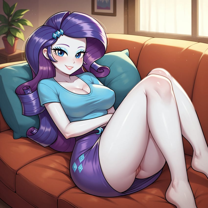 1girls ai_generated ass big_breasts blue_skirt blue_t-shirt blush breasts cleavage commando couch equestria_girls erect_nipples erect_nipples_under_clothes feet female female_only friendship_is_magic hasbro legs looking_at_viewer miniskirt my_little_pony nipple_bulge no_panties on_couch pony_diffusion_6 pony_diffusion_xl pussy rarity_(eg) rarity_(mlp) shirt solo solo_female stable_diffusion t-shirt thighs upskirt