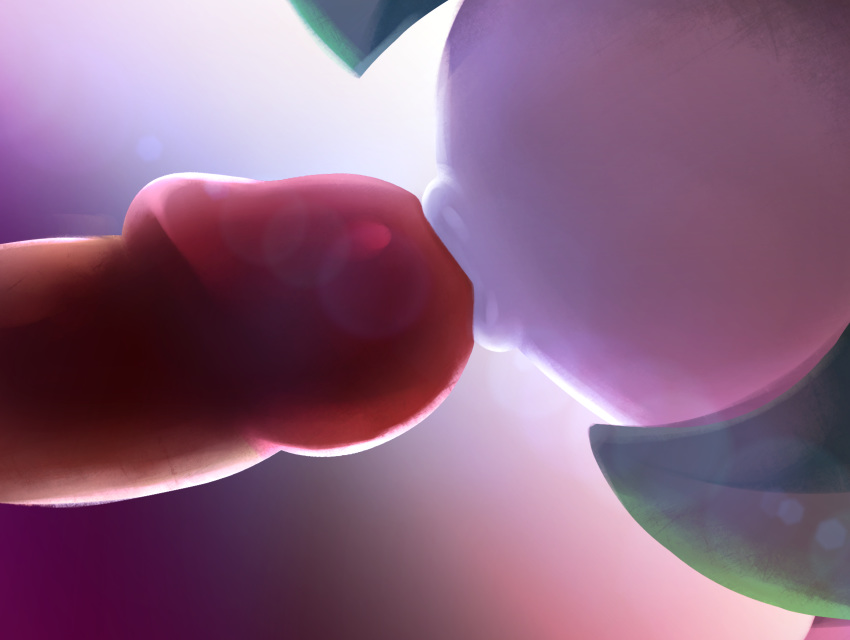 atlas_(artist) close-up disembodied_penis erection fellatio female gardevoir gradient gradient_background green_hair highres kissing kissing_penis lips no_breasts no_humans oral penis pokemon pokemon_(species) pokemon_rse purple_background simple_background solo uncensored