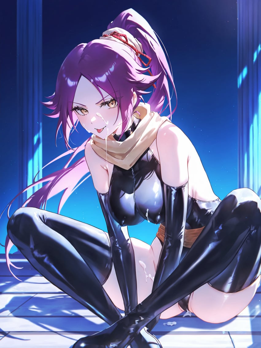 absurd_res ai_generated bleach boots breasts bukkake covered_nipples cum cum_on_body cum_on_breasts facial female leotard long_hair ministro pink_hair ponytail purple_hair shihouin_yoruichi sitting solo star_(sky) starry_sky thighhighs tongue tongue_out wariza