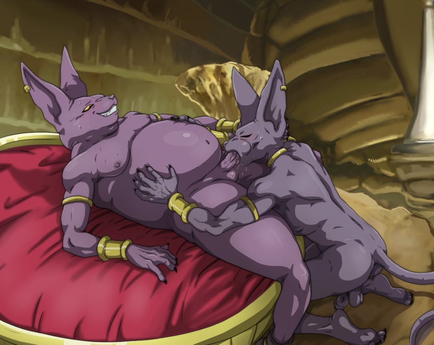 anthro balls beerus belly biceps blush brother_(lore) brothers_(lore) champa dragon_ball dragon_ball_super duo ear_piercing erection fellatio genitals hi_res humanoid incest_(lore) male male/male muscular muscular_male nipples nude obliques oral pecs penile penis piercing ribs sex sibling_(lore) teastuff triceps