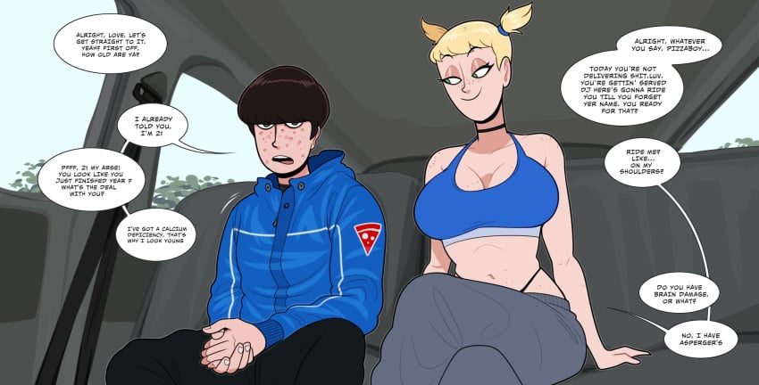 1boy 1girls 2d 2d_(artwork) 2d_artwork bedroom_eyes big_breasts blonde_female blonde_hair blonde_hair blonde_hair_female breasts breasts_bigger_than_head car choker clothed clothed_female clothed_male clothing curvy curvy_female curvy_figure dialogue dj_(hellonearthiii) english english_text eyelashes female female freckles freckles_on_breasts freckles_on_face freckles_on_shoulders green_eyes hellonearthiii hi_res high_resolution highres hoodie human imminent_sex large_breasts light-skinned_female light-skinned_male light_skin male navel no_sex panties short_hair sitting smile smiling sweatpants talking tank_top text tied_hair