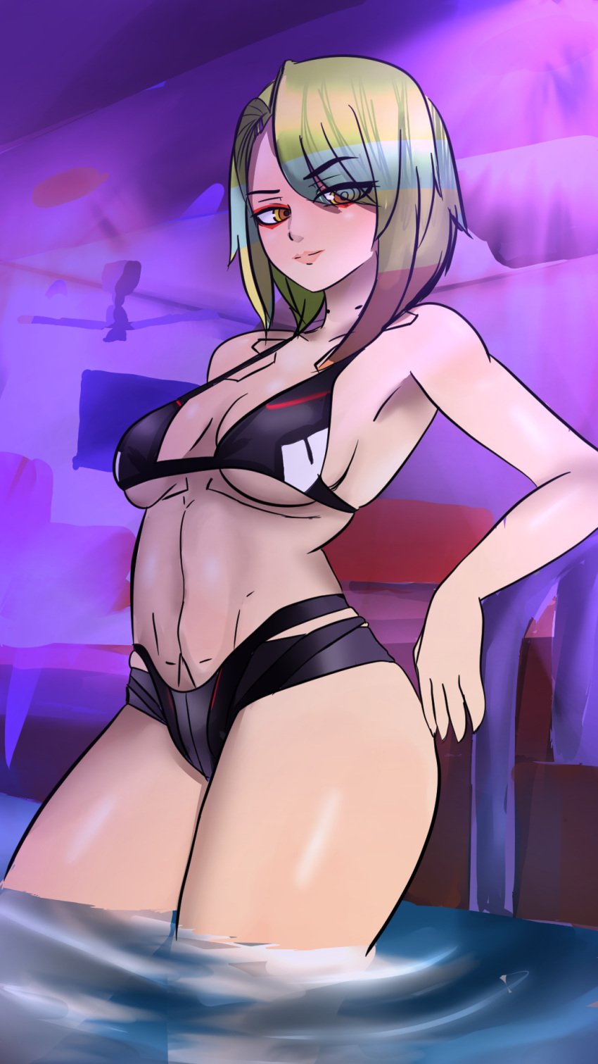 arm_sleeves bikini bikini_top brown_eyes colombian cyberpunk_2077 female female_focus fingerless_arm_sleeves fingerless_gloves flat_chest freckles green_hair hispanic hispanic_virtual_youtuber hot_tub indie_virtual_youtuber larepl1ka latam_virtual_youtuber light-skinned_female light_skin looking_at_viewer lucyna_kushinada_(cosplay) pool ryumivt short_hair small_breasts twitch twitch.tv virtual_youtuber vtuber water yellow_eyes youtube youtube_hispanic