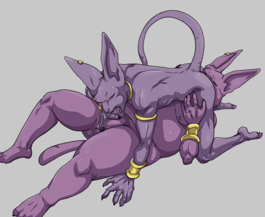 69_position anthro balls beerus biceps blush brother_(lore) brothers_(lore) champa dragon_ball dragon_ball_super duo ear_piercing fellatio feral genitals hi_res humanoid incest_(lore) male male/male muscular muscular_male nude oral penile penis piercing rimming_male sex sibling_(lore) teastuff triceps vein