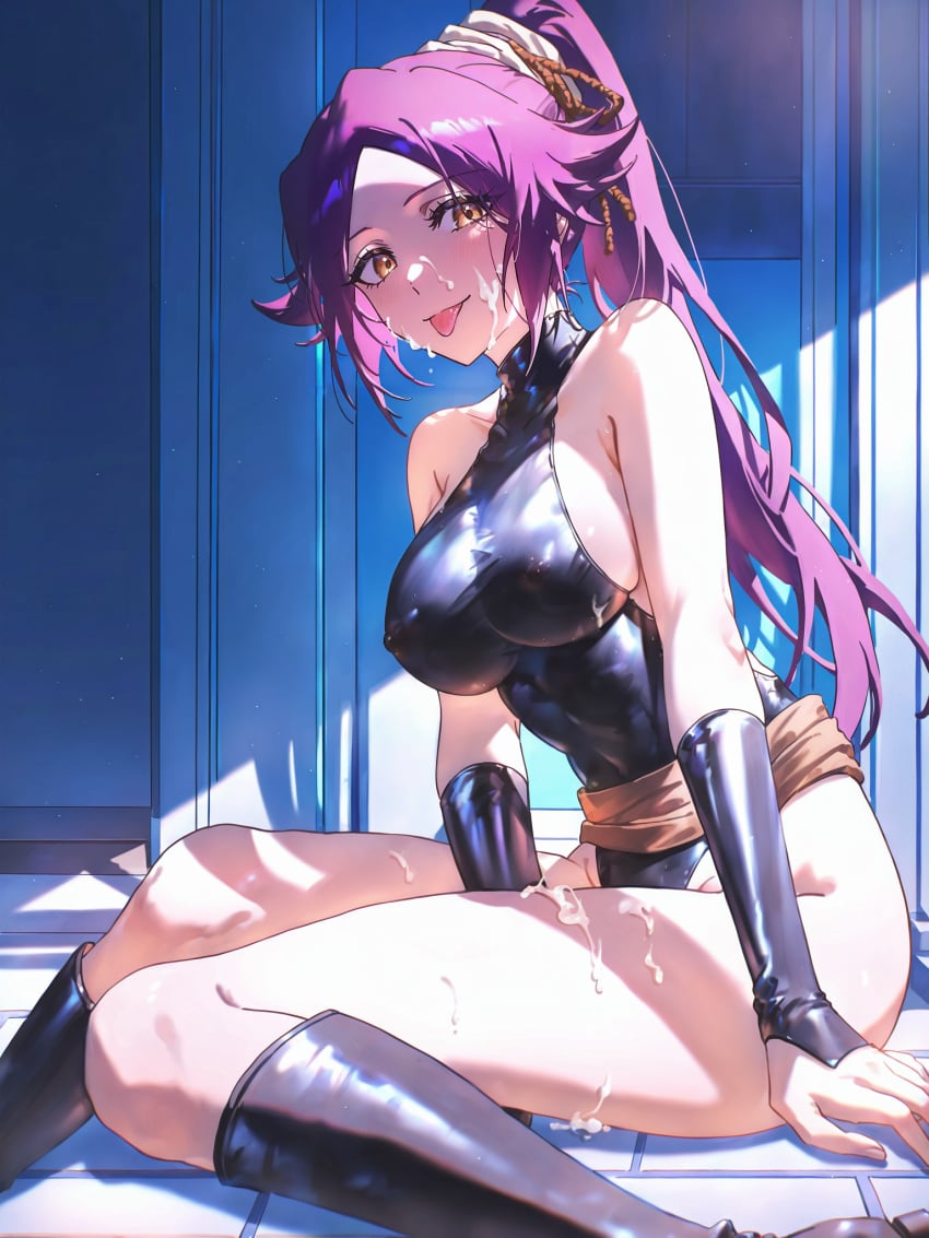 absurd_res ai_generated bleach boots breasts bukkake covered_nipples cum cum_on_body cum_on_breasts facial female leotard long_hair ministro pink_hair ponytail purple_hair shihouin_yoruichi sitting solo star_(sky) starry_sky thighhighs tongue tongue_out wariza