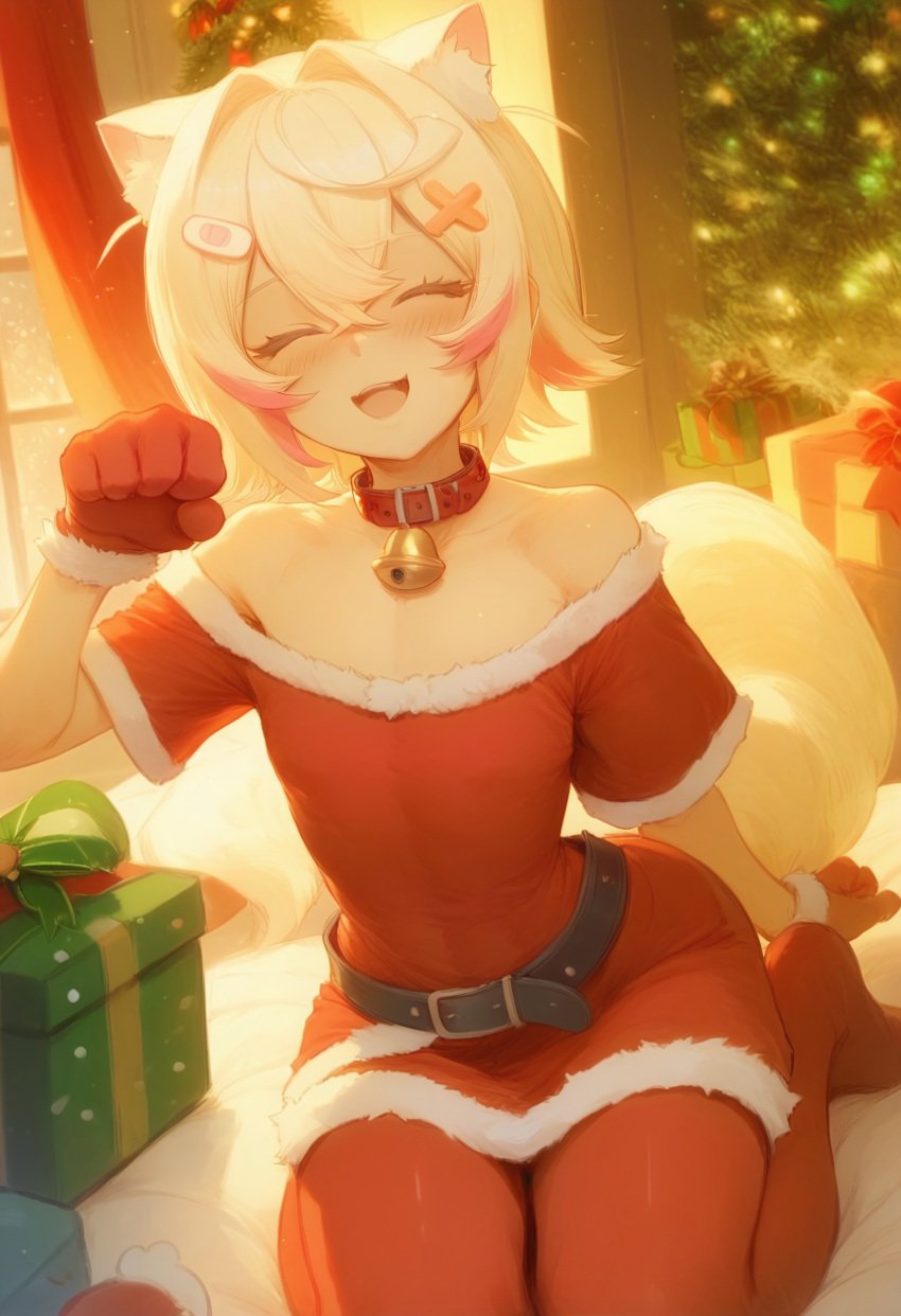 1girls ai_generated animal_ears bell_collar belt blonde_hair blush christmas christmas_clothing christmas_outfit civitai closed_eyes collar crossed_bangs dog_ears dog_tail dress female gloves hair_between_eyes hair_ornament happy hololive hololive_english hololive_english_-advent- indoors kneeling looking_at_viewer mococo_abyssgard multicolored_hair open_mouth paw_pose pink_hair smile thighhighs virtual_youtuber