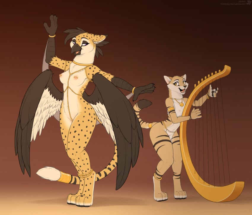 anthro avian bottomwear breasts clothed clothing dancing duo feathered_wings feathers felid feline felis female fur gryphon hi_res jishinu loincloth mammal markings musical_instrument mythological_avian mythological_creature mythology nipples nude nude_anthro nude_female open_mouth open_smile playing_music plucked_string_instrument sand_cat smile spots spotted_body spotted_fur string_instrument tail topless topless_anthro topless_female wings