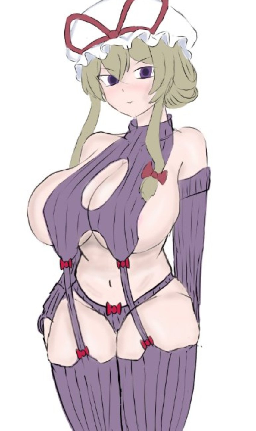 blonde_hair breasts busty busty_female dra._latency huge_breasts purple_eyes sweater tagme touhou virgin_killer_sweater yakumo_yukari yukari_yakumo