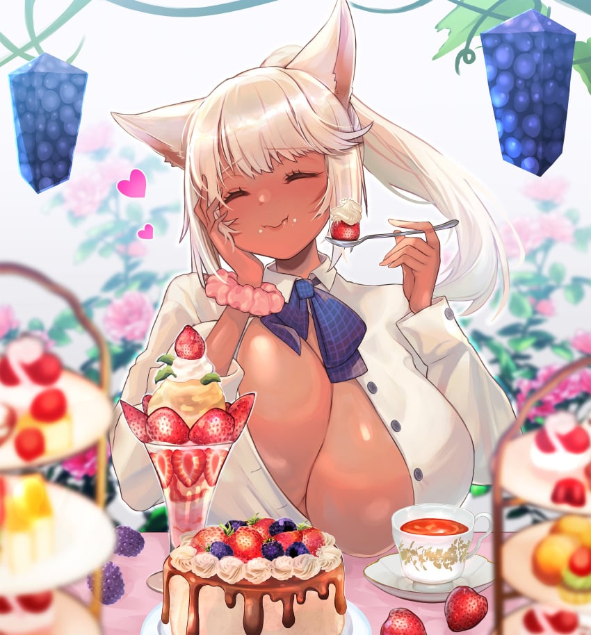 1girls breasts cake cat_ears dessert female final_fantasy_xiv food grapes hachirou_(crazy318) huge_breasts low_poly original_character parfait skeb_commission tan_body tea white_hair