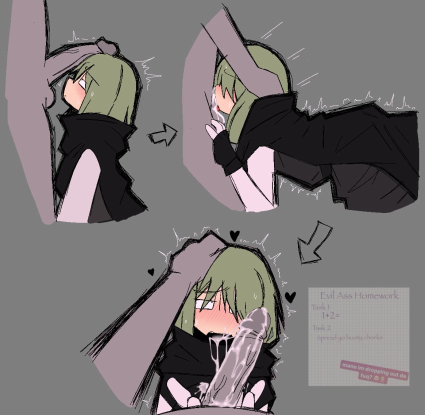 2boys 3koma artist_upload blush cape clothed_sex clothing cum cum_drip cum_in_hands cum_in_mouth cum_inside cum_on_penis cupped_hands dominant_male erection euria_(law_of_talos) euria_sad_sunday evil_ass_homework femboy green_hair hair_over_one_eye half-closed_eyes heart human law_of_talos male male/male male_(lore) male_only movement_lines obscured_eye oral oral_sex orgasm otoko_no_ko papyrus_(font) penis penis_awe penis_on_head secretly_loves_it self_upload tremble_spikes