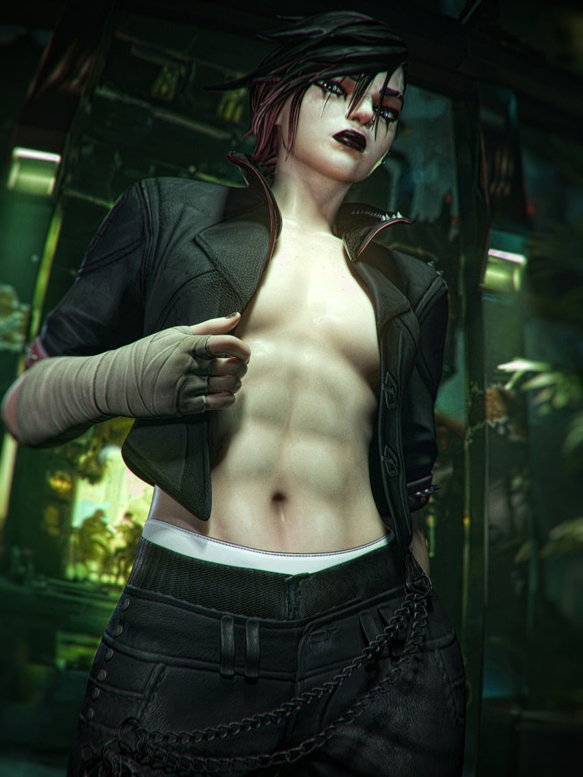 1girls abs arcane arcane_brawler_vi arcane_vi bandage bandaged_arm black_hair black_lipstick breasts checkpik face_tattoo female female_only goth grey_eyes jacket league_of_legends looking_at_viewer looking_down makeup multicolored_hair muscular muscular_female piercing red_hair riot_games short_hair tattoo vi vi_(league_of_legends)