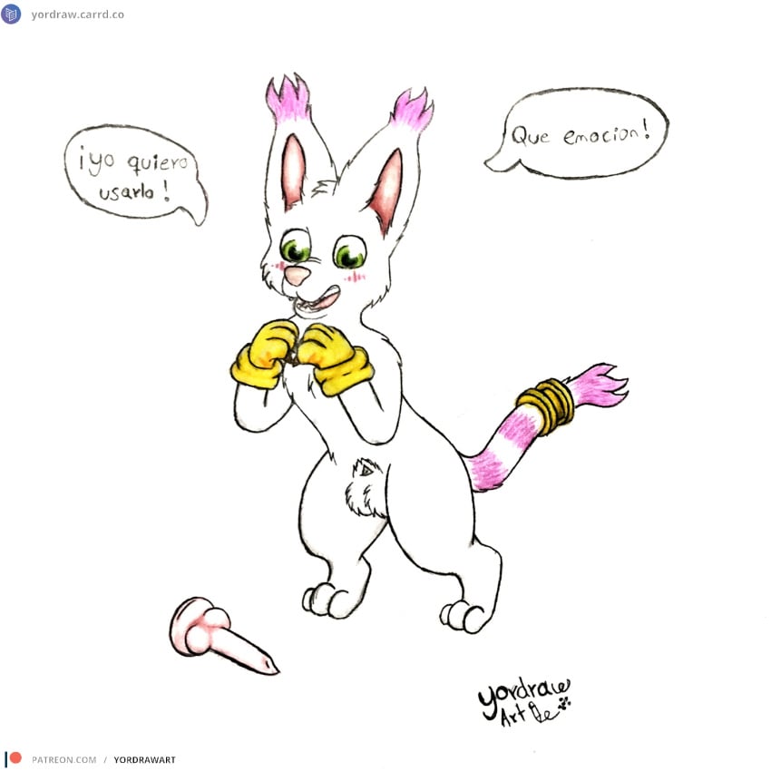 1:1 3_toes animal_dildo animal_sex_toy anthro balls bandai_namco canine_dildo claws digimon digimon_(species) dildo feet fur gatomon genitals green_eyes hi_res male open_mouth open_smile penis pink_dildo pink_nose pink_tongue sex_toy shy smile smiling_at_viewer solo speech_bubble spread_legs spreading text toes tongue url white_body white_fur yordraw