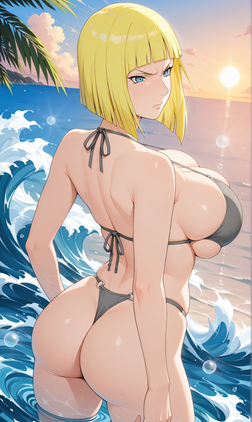 1girls ai_generated ass ass_focus axosnax beach big_ass big_breasts bikini bikini_bottom bikini_top blunt_bangs blush bob_cut breasts female female_only from_behind grey_bikini huge_ass huge_breasts large_breasts light-skinned_female light_skin lipstick looking_at_viewer looking_back mature mature_female mature_woman milf mommy nai_diffusion naruto naruto_(series) naruto_shippuden nature oppai outdoors presenting presenting_ass presenting_hindquarters revealing_swimsuit samui seaside skimpy skimpy_bikini smile solo stable_diffusion sun sunlight sunset swimsuit thick_ass thick_thighs thighs voluptuous voluptuous_female water waves